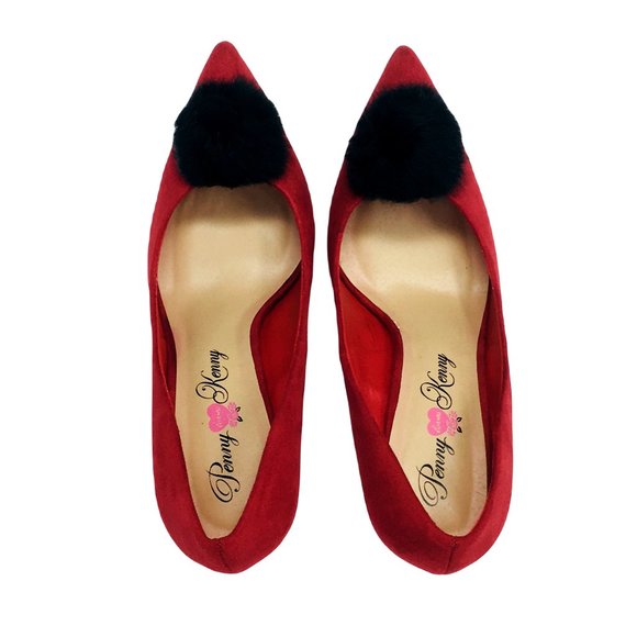 Penny Loves Kenny Manner Vegan Suede Pom Pointed Toe Pump Heels Red 11 Wide - Picture 6 of 8